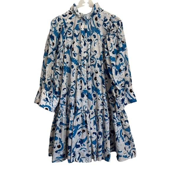 H&M Conscious Smock Dress with Puffed Sleeves Blue Watercolor Size Small - Picture 10 of 16